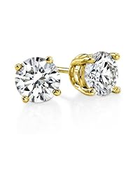 Diamond Stud Earrings Round Brilliant Shape Yellow Gold 14K 4 Prong Push Back ( J Color SI2 Clarity 2 Carat t.w. Weight )