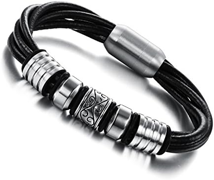 Magnetic buckle 7.8"in 4 Genuine leather rope Stainless steel brecelet for Men