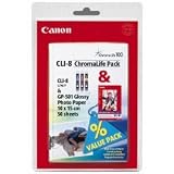 Canon Original CLI-8C/M/Y plus 50 Sheets 100x150mm (Postcard Size) Gloss Photo Paper