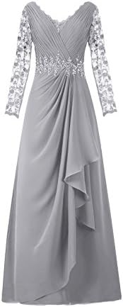 Diyouth Long Asymmetric Pleats Lace Sleeves Mother of the Bride Dress Silver Size 16