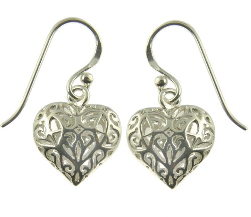 Silver Ladies Filigree Open Heart Hook Wire Earrings