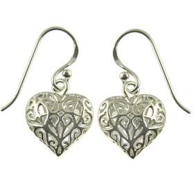 Silver Ladies Filigree Open Heart Hook Wire Earrings