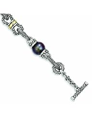 Sterling Silver with 14k Gold 10-10.5mm Black FW Cultured Pearl 7.5in Bracelet - Antique Boutique - Vintage Style - Jewelry