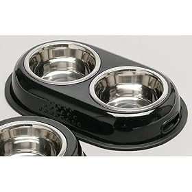 Retro Black Pet Dog Cat Double Feeding Bowl. Food Dish