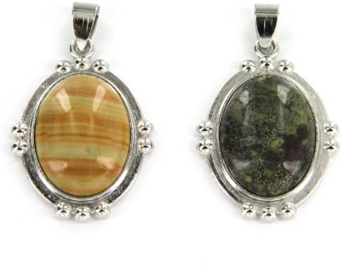 Semi Precious Stone Pendant Set in Oval Design - Dragon Blood Jasper, Scenic Jasper - Set of 2
