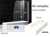 Kit: Clear Glass Brushed Nickel Tub Door Clear Glass and Kohler Bath Tub, right-hand drain