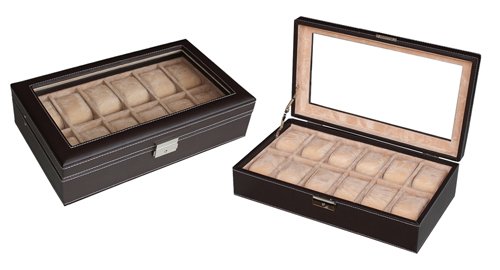 12 PIECE CHOCOLATE BROWN LEATHERETTE MEN'S WATCH DISPLAY ORGANIZER STORAGE CASE FOR WATCHES