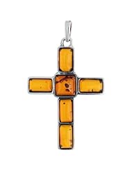 Sterling Silver Cross Russian Baltic Amber Pendant w/ one 8mm Square-shaped & five 8x4mm Rectangular Cabochon Cut Stones, 1 3/4" (44mm) tall