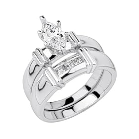.925 Sterling Silver CZ Ladies Wedding Engagement Ring and Matching Band 2 Pieces Set - Size 5: The World Jewelry Center: Jewelry