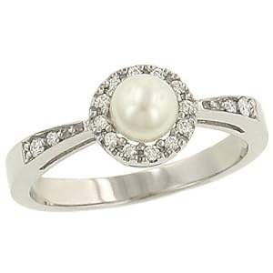 Pearl and Pave Diamond Halo Style Ring Diamond .15cttw
