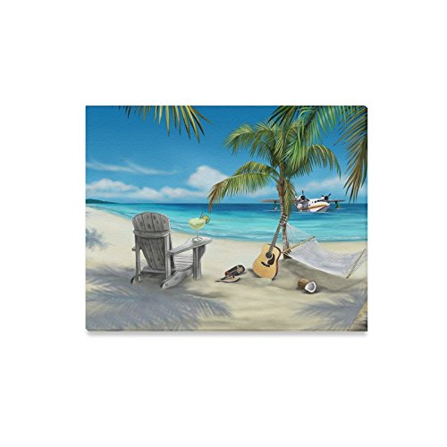Famous Wall Art Beach Palm Tree Chair Guitar Slippers Pattern Home Decorative Canvas Prints- 20x16 Inch(One Side)