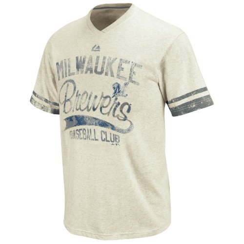 MLB Milwaukee Brewers Short Sleeve V-Neck Tee (Natural Gray Heather/Granite, Xx-Large)