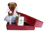 Perfect Confirmation Gift or Special Christening Gift - Soft Dark Teddy Bear Wearing a White Lacey Dress, Holding a Beautiful Metal Covered Miniature Bible Containing the 4 Gospels. Free Gift Card and Message Service. P&P Only  2