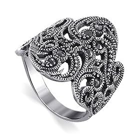 .925 Sterling Silver Marcasite Band Filigree Floral Ring by Gem Avenue