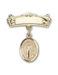 14K Gold Baby Badge with St. Barnabas Charm and Arched Polished Badge Pin
