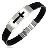 Black Rubber Stainless Steel Cut-Out Cross Design Bracelet, Length 19cms.