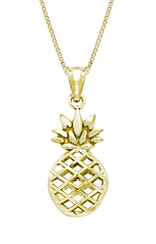 Honolulu Jewelry Company14K Real Solid Yellow Gold Pineapple Tropical Necklace Pendant with 18" Box Chain