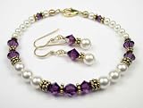 February Amethyst Gold Filled Birthstone Swarovski Crystal Beaded Pearl Braceletss and Earrings Sets