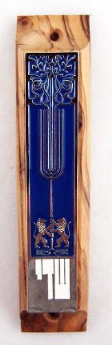 YourHolyLandStore Lion of Judah Olive Wood Mezuzah with Shema Yisrael Scroll by