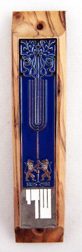 YourHolyLandStore Lion of Judah Olive Wood Mezuzah with Shema Yisrael Scroll by