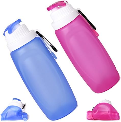 Jinsn (Set of 2 with Bonus Brush) 17 Oz Collapsible Water Bottle - Foldable, Flexible Silicone - Travel, Sports, BPA Free, FDA Approved, Eco Friendly, Leak Proof (Blue &amp; Pink)