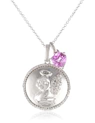 Sterling Silver Heart Created Pink Sapphire and Diamond Angel Pendant Necklace, 18"