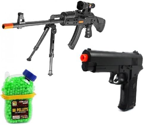 (COMBO) King P207 AK-47 Spring Airsoft Gun Folding Bi-Pod FPS-275 + Electric Airsoft Pistol Full Auto Special Ops FPS-180 AEP + 1000 Holster Container of BB's