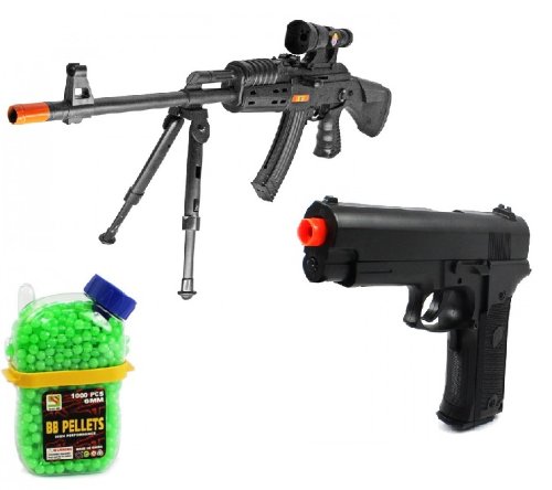(COMBO) King P207 AK-47 Spring Airsoft Gun Folding Bi-Pod FPS-275 + Electric Airsoft Pistol Full Auto Special Ops FPS-180 AEP + 1000 Holster Container of BB's