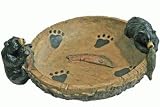 Black Bear Cubs Figurine Holding Fish On A Rustic Wood Look Coin Candy Dish Bowl With A Fish Design In Center And Paw Prints Around 10