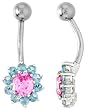 Sunflower Belly Button Ring with Pink and Blue Topaz Cubic Zirconia on Sterling Silver Settings