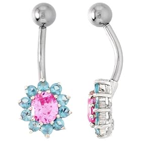 Sunflower Belly Button Ring with Pink and Blue Topaz Cubic Zirconia on Sterling Silver... by 