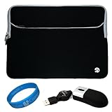 Dual Pocket Neoprene Sleeve Black Case for 13 inch Apple MacBook Pro MC516LL / A Laptop Computers + USB Optical Mini Mouse with Retrac Cord + SumacLife TM Wisdom Courage Wristband