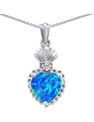 Genuine TRUE LOVE (tm) 925 Sterling Silver Flaming Heart Protection Created Blue Opal Pendant