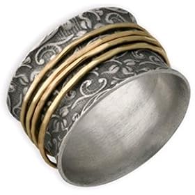 Sterling Silver and 14K Gold Leaf Print Spinner Ring