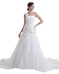 A-line Floor Length Lace Ruched One Shoulder Organza Dropped   Waistline  Dress