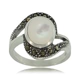 Mother of Pearl Ring W/ Marcasite Silver Oval Bypass