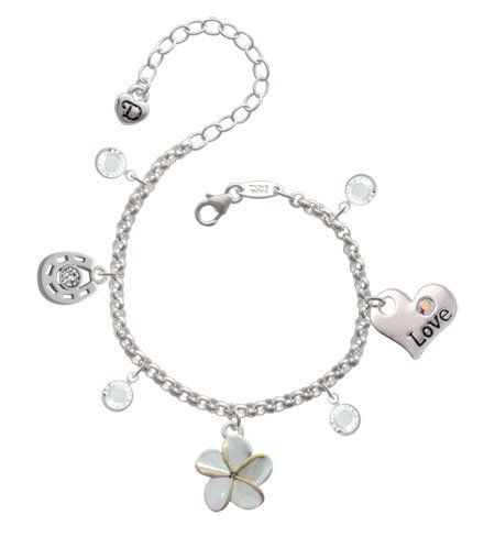 Silver Plumeria Flower Gold Edging Love & Luck Charm Bracelet with Clear Swar...