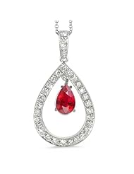 Twin Pear Shaped Diamond Pendant In 18K White Gold With A 0.75 ct. Genuine Ruby Center Stone.