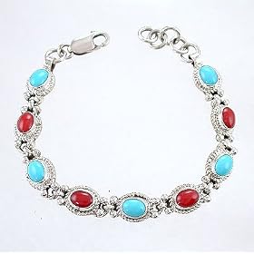 Sterling Silver and Turquoise and Coral Link Bracelet, #TP214 by Taos Trading Bracelets