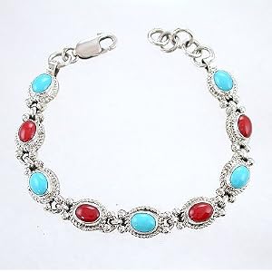 Southwestern Native American Navajo Link Bracelet with Turquoise and Coral Gemstones in Sterling Silver, #TP214