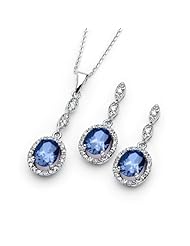 Rhodium Plated 925 Sterling Silver Oval Cut Prong Set Blue Sapphire Cubic Zirconia CZ Drop Dangle Elegant Earrings and Necklace Set