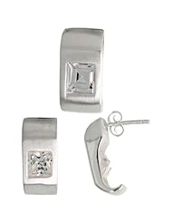 Sterling Silver Matte-finish Fancy Earrings (16mm tall) & Pendant Slide (17mm tall) Set, w/ Princess Cut CZ Stones