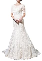 Mermaid Short Sleeves Sheer  Lace Beaded Applique Vintage Scoop Neck Wedding Dress  With Pearls
