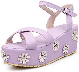 BeautyZone Womens Open Toe Mid Heel Platform Soft Material PU Solid Sandals with Flowers, Purple, 34