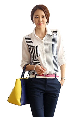 YeeNoke®      レディース ボーダー柄 デザイン長袖シャツ シフォン  ブラウス トップス 大きいサイズ 薄手  オシャレ　カワイイ　カジュアル シャツ  S M L XL 2XL