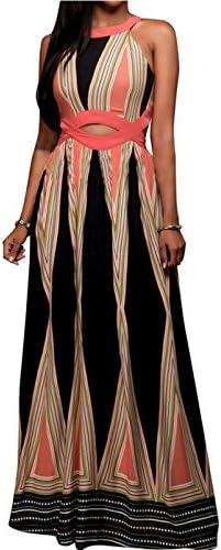 Eyer Women's Bohemian O-Collar Cut Out Printed High Split Maxi Beach Dress