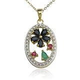 18k Yellow Gold Overlay Sapphire Flower w/ Ruby, Emerald and Diamond-Accent Pendant