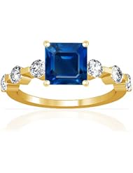18K Yellow Gold Emerald Cut Blue Sapphire Ring With Sidestones