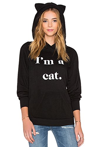 Summerwhisper Women's Cute Print Cat Ear Hoody Sweatshirt Pullover Black