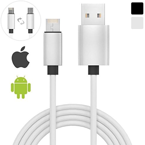 Reversible 2-in-1 iOS & Android Cable White - Lightning/MicroUSB Connector - Charge, Sync & Data Transfer - 3.3 ft Tangle Free - Suitable For iPhone 6S+ - Universal Apple & Android Devices Compatible